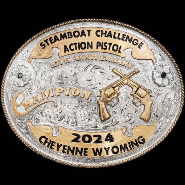 This classic design will make a beautiful trophy buckle for your western event! The Steamboat Springs Belt Buckle features a double bronze banner with lots of space for your custom lettering! Order now!